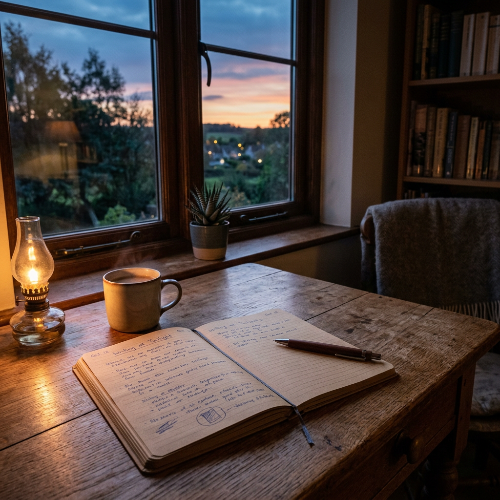 Open journal with handwritten notes, pen, coffee cup, and candle on wooden table near window